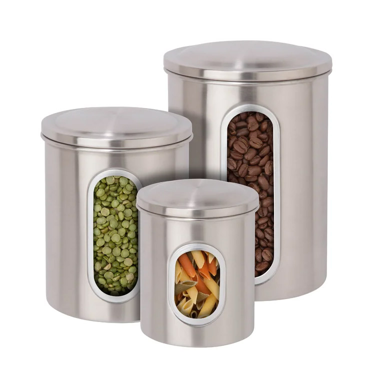 Stainless Steel 3PC Kitchen Canisters Set Food Sugar Coffee Tea Candy Storage Jar