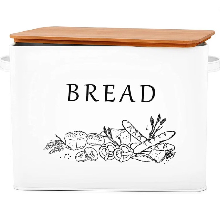 Sustainable Rectangle Modern Metal Bread Storage Bin Kitchen Counter Food Storage Container Bread Box with Wooden Cutting Lid