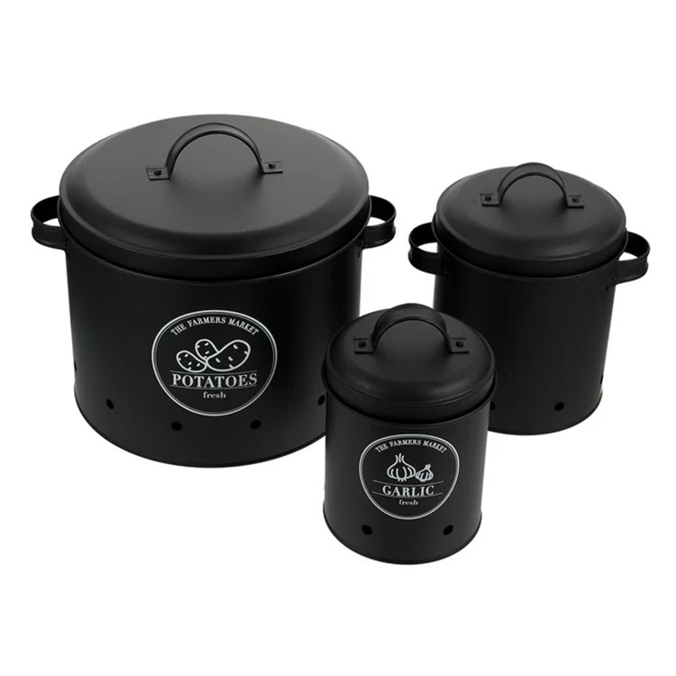 Black Metal Potato Garlic Onion Storage Bin Farmhouse Kitchen Countertop Canister