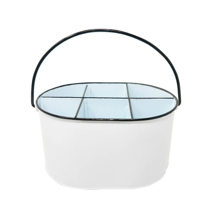 White Divided 6 Compartments Basket Storage Bin Metal Utensil Caddy Galvanized Metal Kitchen Utensil Holder for Countertop