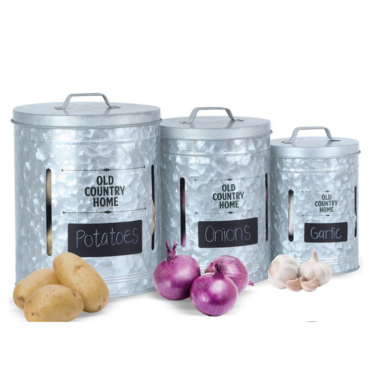 Round Metal Potato Garlic Onion Storage Bins Kitchen Canister Set Kitchen Caniste