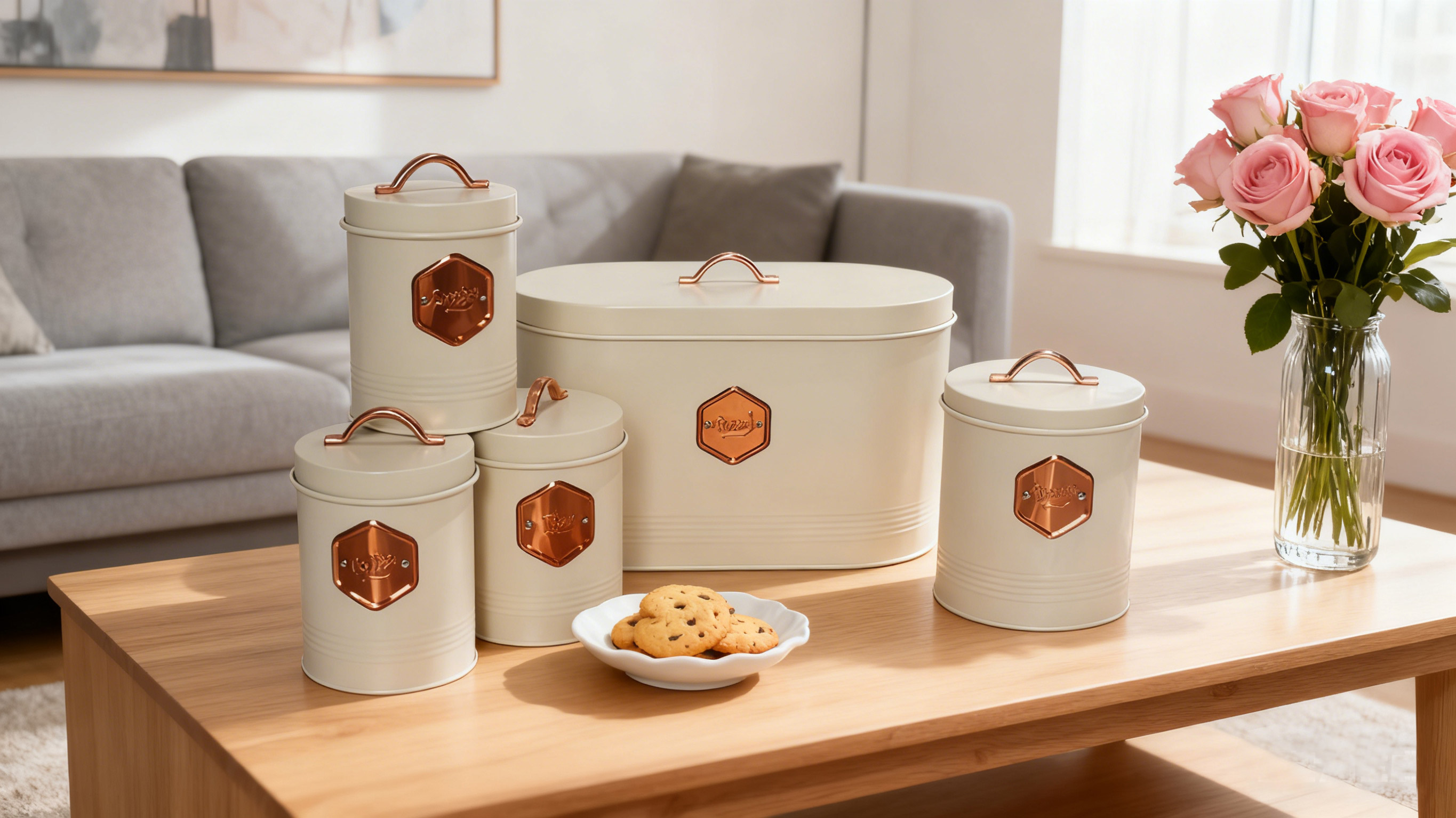 Elegant Storage for Modern Homes: Vintage Cream Metal Kitchen Canisters with Copper Details