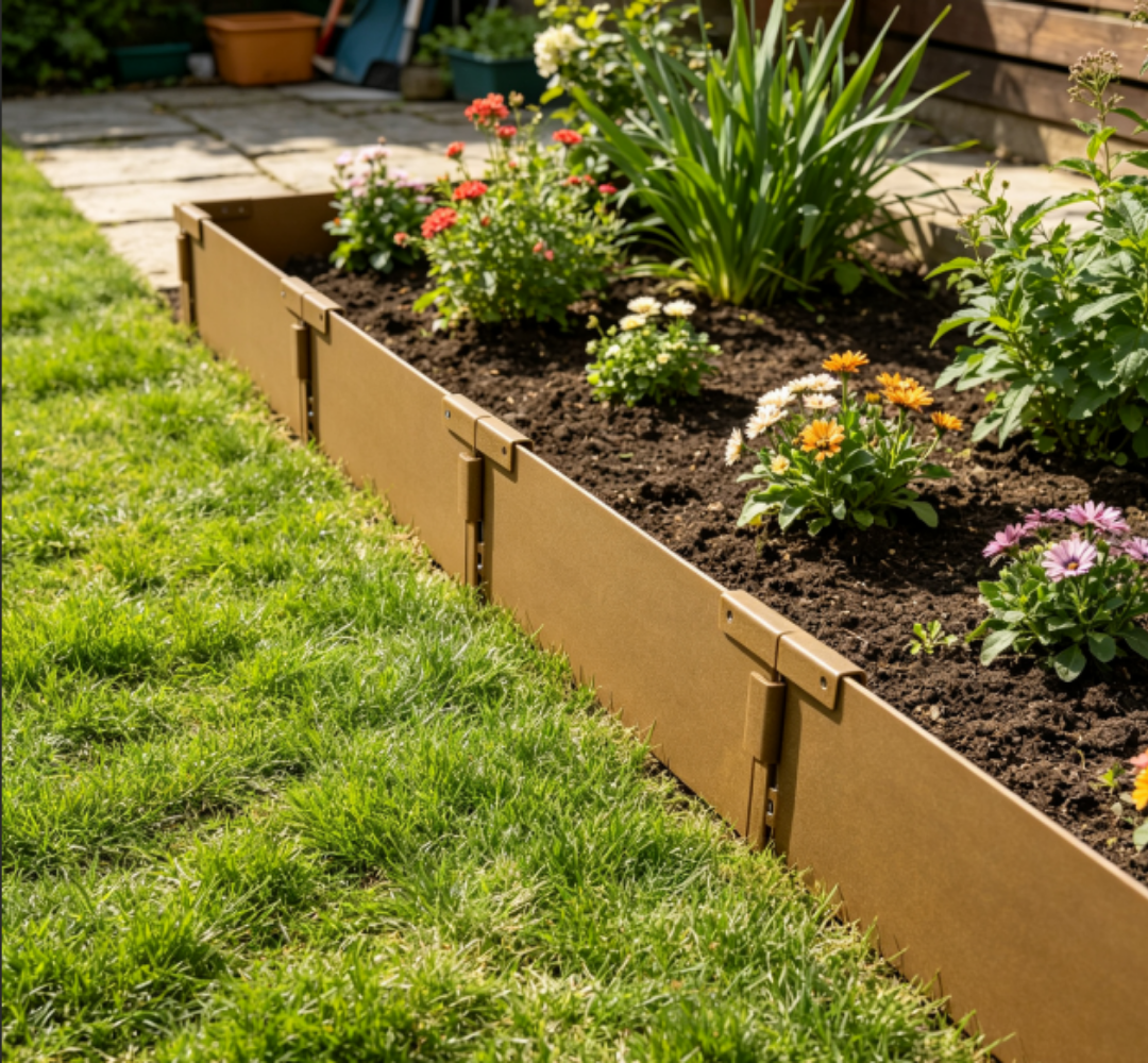 Interlocking Brown Metal Landscape Edging: Modular Yard Divider That Transforms Linear & Curved Garden Layouts