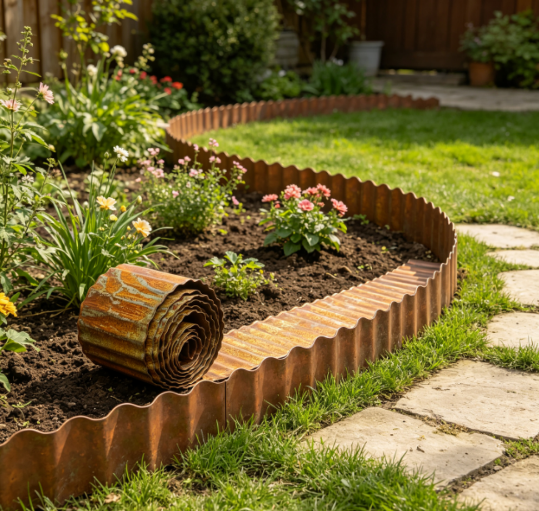 Weathered Rust Corrugated Roll Metal Edging: Vintage Curved Yard Border Capturing Rustic Garden Market Demand