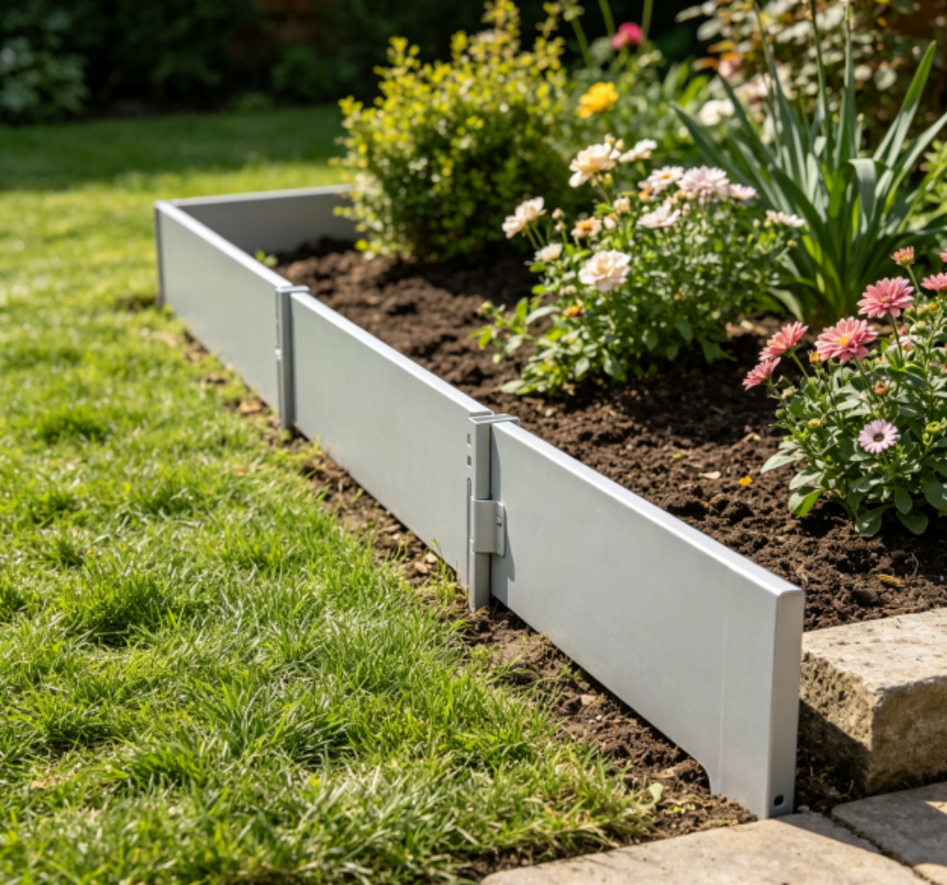 Silver Interlocking Flat Metal Landscape Edging: Modular Straight-Line Yard Border Reshaping Minimalist Modern Landscaping Demand