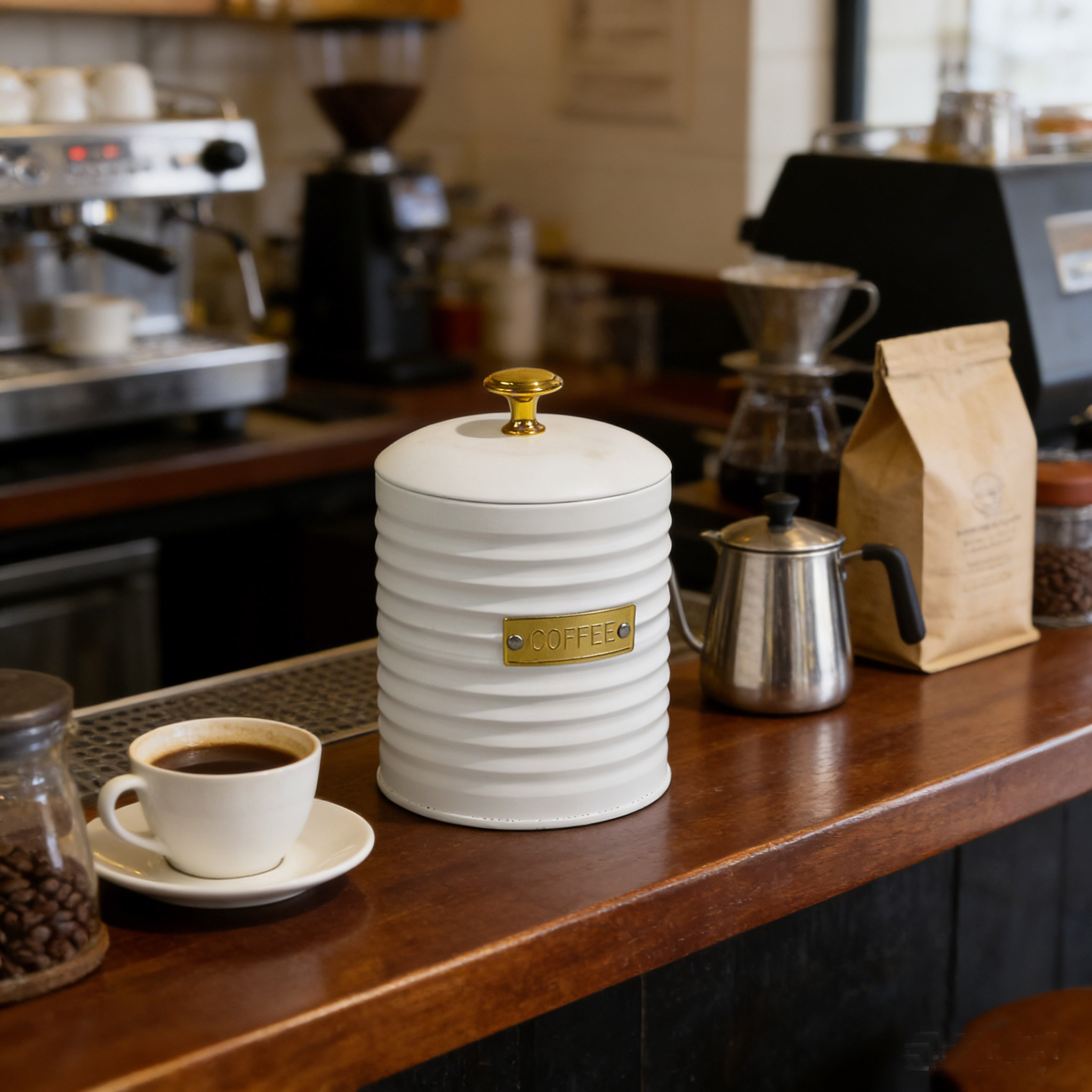 White Corrugated Metal Airtight Coffee Canister: The Must-Have Storage Container Protecting Bean Freshness for Cafés & Home Baristas