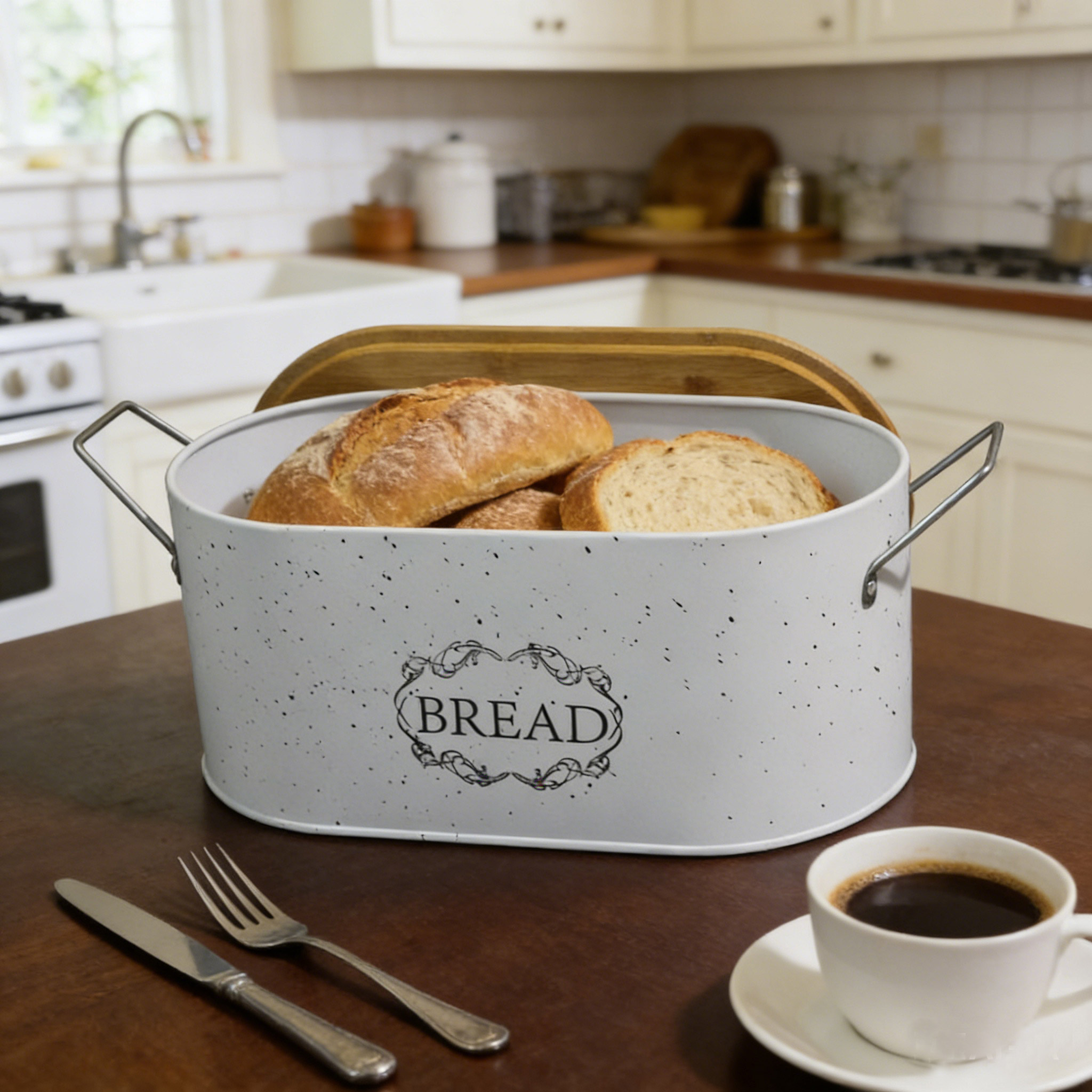 Speckled White Oval Galvanized Bread Bin With Wooden Lid: Elevate Your Kitchen’s Daily Baking Routine