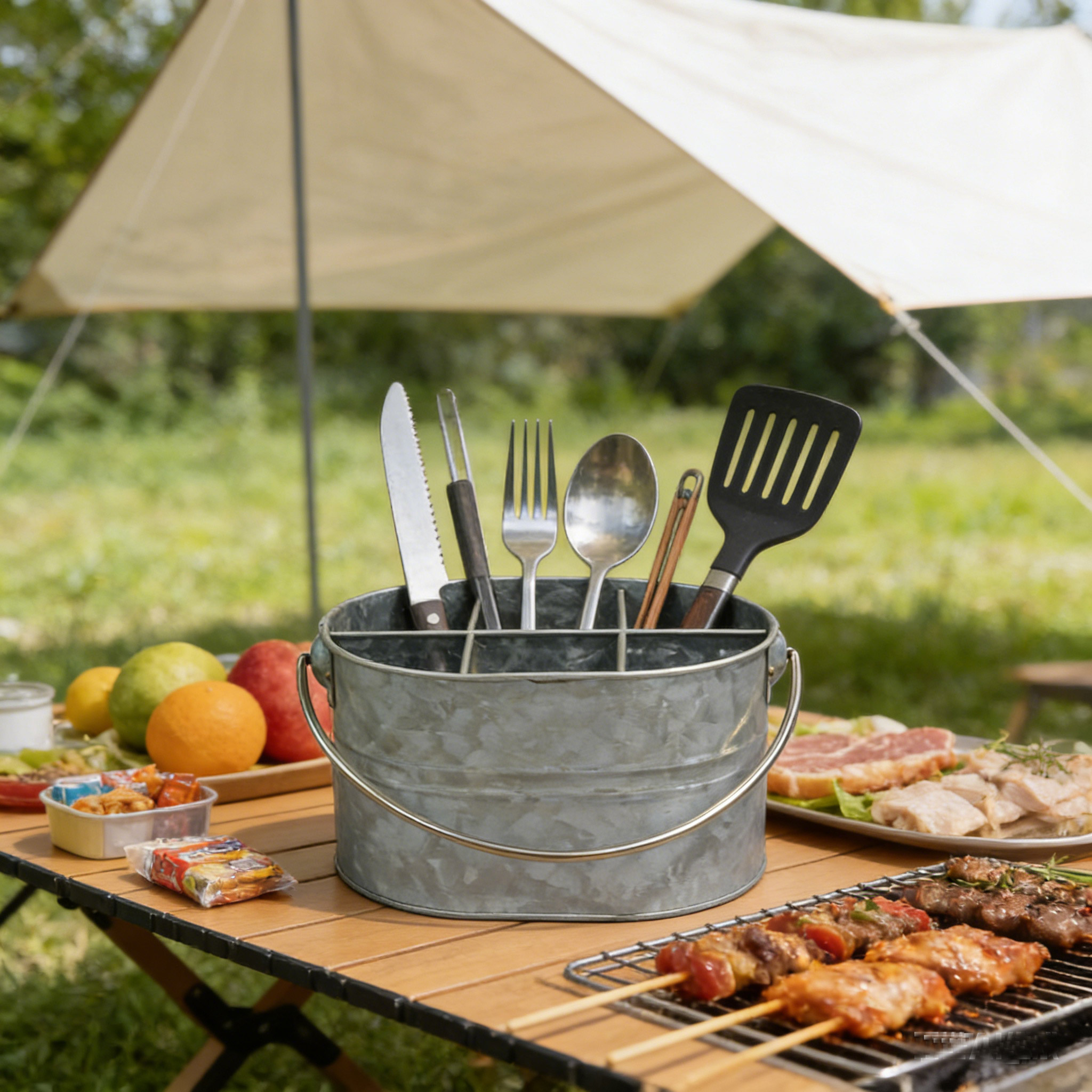 Galvanized Oval Divided Utensil Caddy: The Ultimate Organizer For Outdoor Camping & Backyard Barbecues