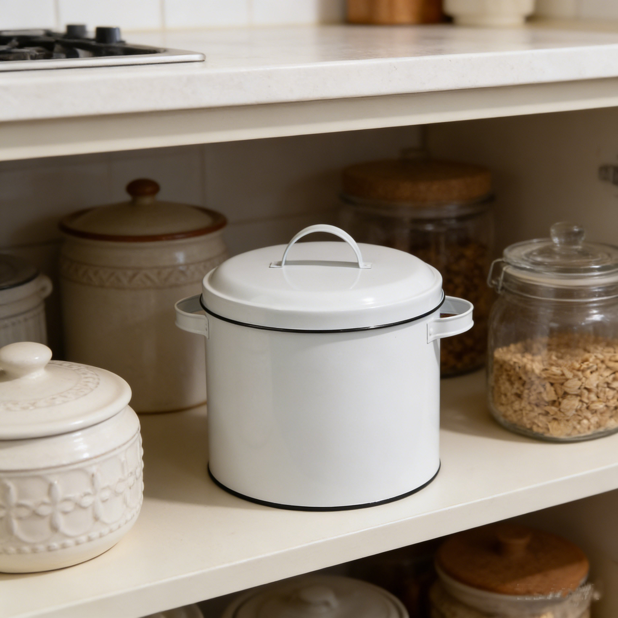 White Enamel Lidded Metal Storage Canister: Timeless Kitchen Organizer For Modern Home Storage