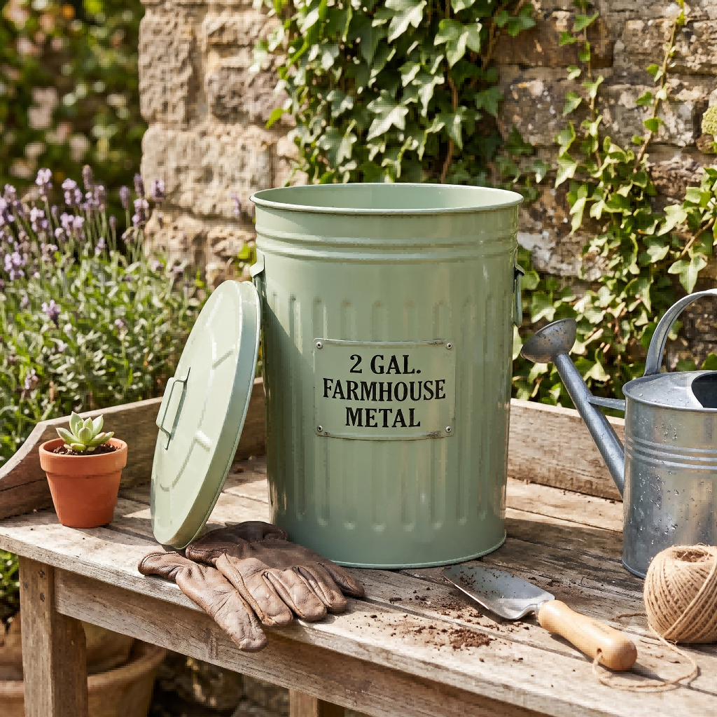 Sage Green Ribbed Galvanized Metal Garden Storage Bin: Stylish Multi-functional Container For Cottage-style Backyards