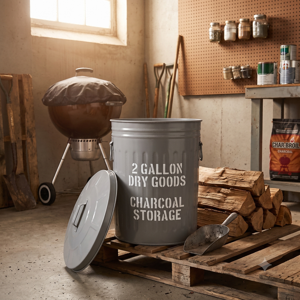 Grey Ribbed Galvanized Charcoal Storage Bin: Airtight Metal Container For BBQ Fuel & Dry Goods Organization