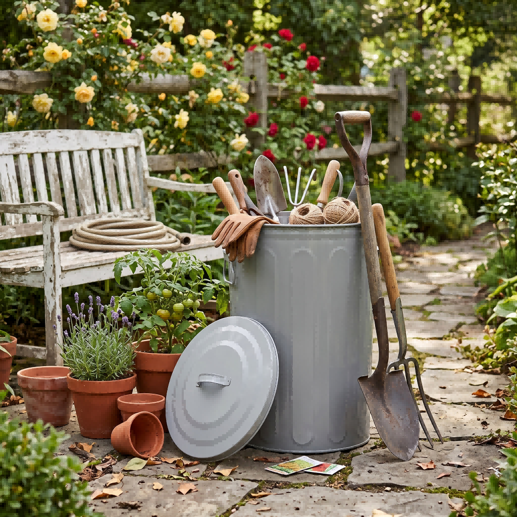 Grey Ribbed Galvanized Lidded Storage Bin – Decorative Weatherproof Container for Garden Tools & Outdoor Supplies