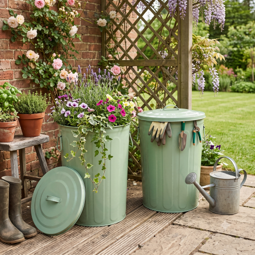 Sage Green Ribbed Galvanized Metal Bin: Dual-Purpose Lidded Container for Garden Planting & Outdoor Storage